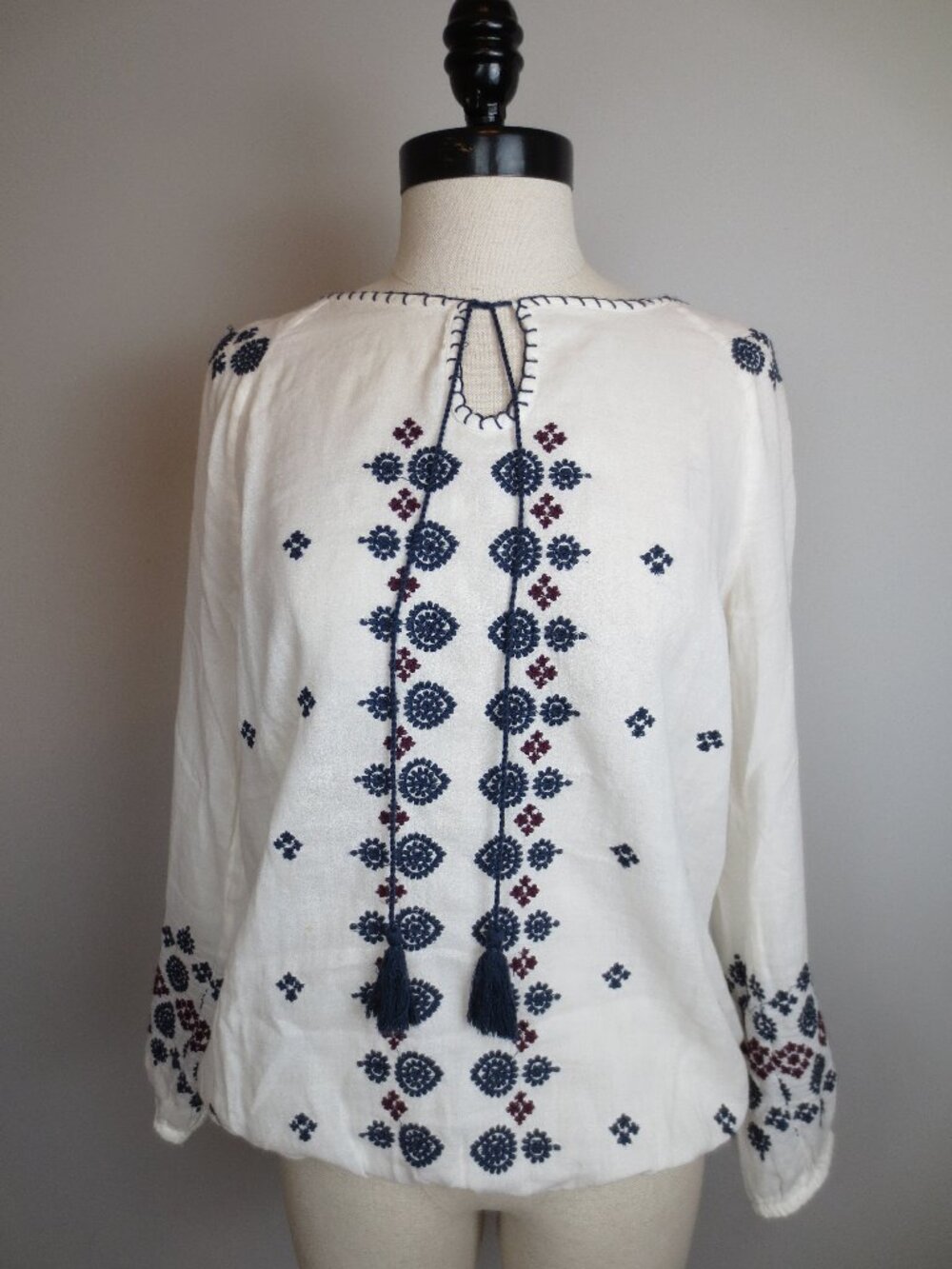 Beach Lunch Lounge Boho Embroidered Peasant Top Tassel Tie White Navy Maroon